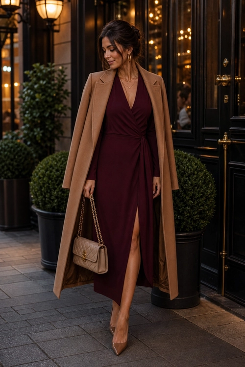 Camel Coat and Burgundy Wrap Dress A woman wears a camel long coat over a burgundy wrap dress with nude pointed-toe heels and a chain-strap shoulder bag.