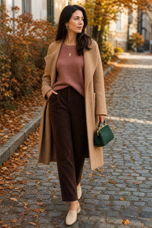 Camel Coat and Corduroy Trousers Outfit A woman wears a camel coat over a rust knit top with brown corduroy trousers, beige flats, and a dark green handbag on a cobblestone street.