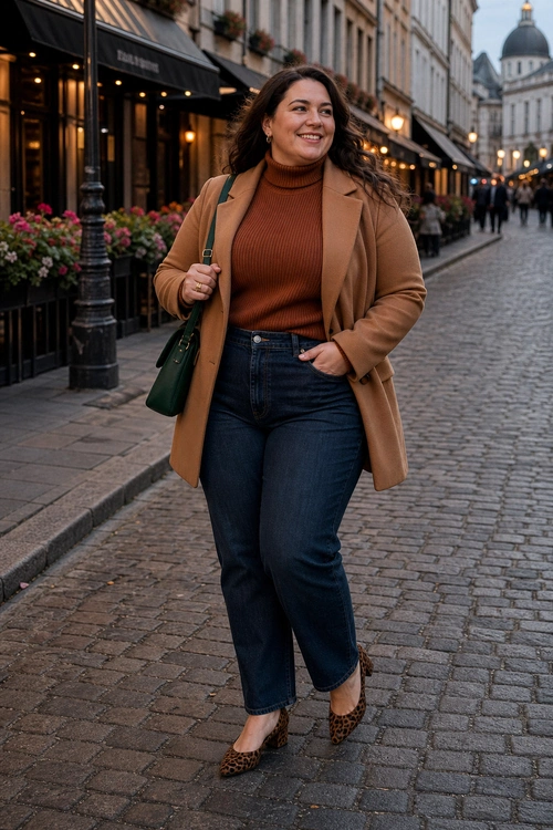 A woman wears a camel coat over a rust turtleneck sweater with dark jeans, leopard print flats, and a green shoulder bag on a cobblestone street.