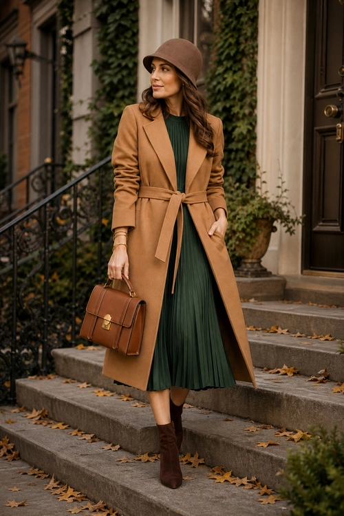 Camel Coat and Green Pleated Dress Woman wearing a camel belted coat over a dark green pleated dress with a brown hat, leather handbag, and ankle boots.