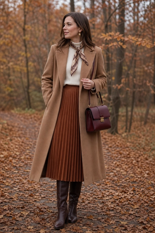 Camel Coat with Pleated Skirt A layered autumn outfit featuring a camel coat, cream sweater, brown pleated skirt, patterned neck scarf, burgundy handbag, and dark brown knee-high boots.