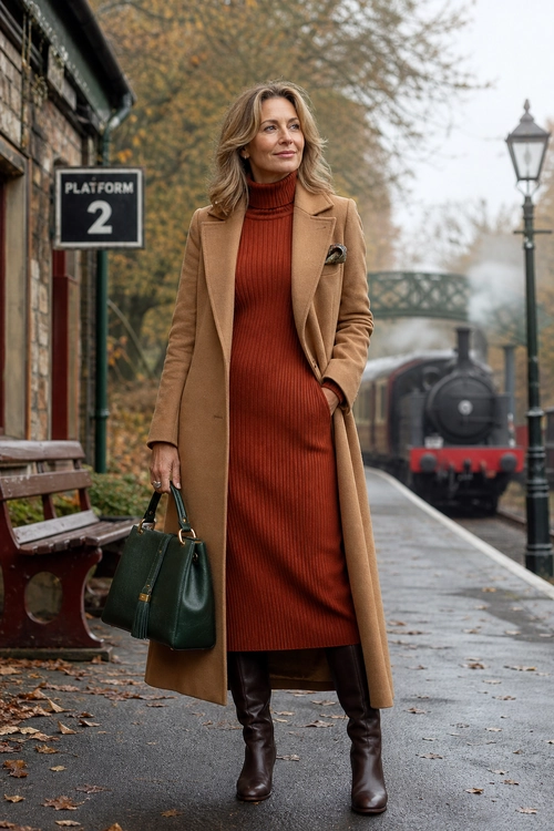 A woman wears a camel-colored long coat over a rust ribbed turtleneck dress with dark brown knee-high boots and a dark green handbag.