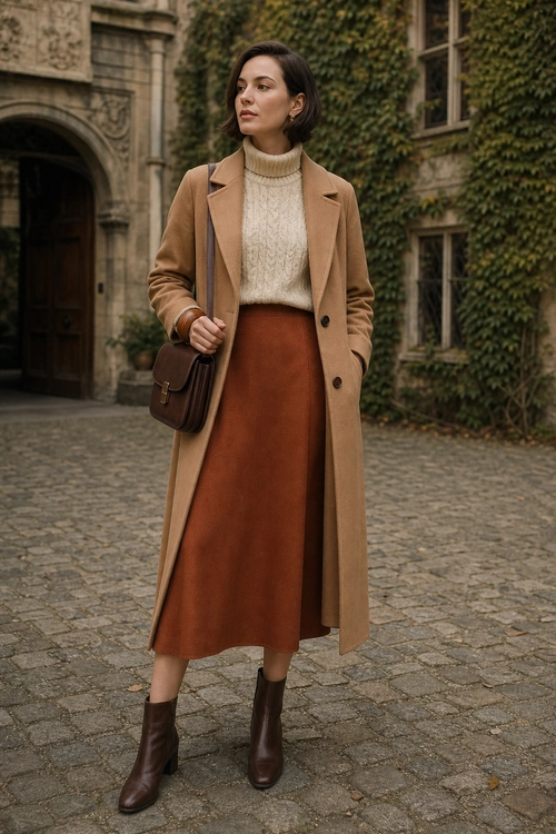 Camel Coat and Rust Midi Skirt Outfit A woman wears a camel long coat over a cream cable-knit turtleneck sweater and rust midi skirt with brown ankle boots and a leather shoulder bag.