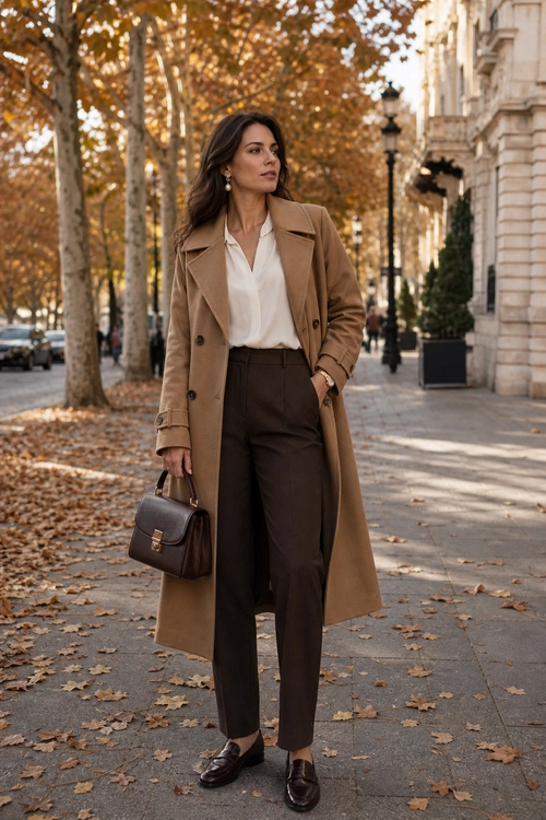 Camel Trench Coat and Brown Trousers A woman wears a camel trench coat over a white blouse with high-waisted brown trousers, brown loafers, and a structured dark handbag.