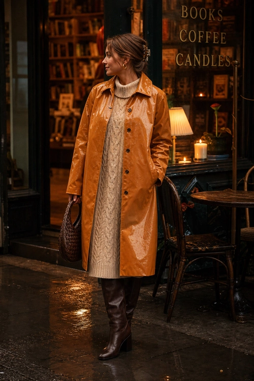 A woman wears a glossy camel trench coat over a cream cable-knit turtleneck dress with dark brown knee-high boots and a woven handbag.