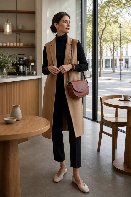 Camel Vest and Black Turtleneck Outfit A woman wears a camel sleeveless vest over a black turtleneck and cropped trousers with cream flats and a brown shoulder bag.
