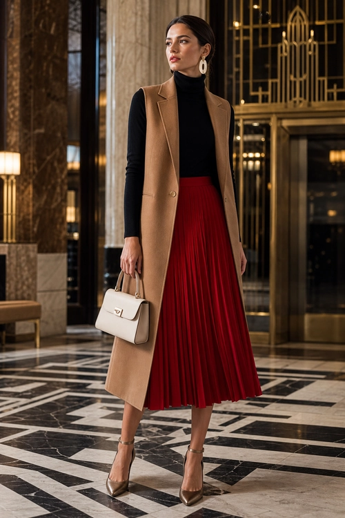 Camel Vest and Red Pleated Skirt A polished outfit featuring a camel long vest over a black turtleneck, a red pleated midi skirt, a structured handbag, hoop earrings, and pointed ankle-strap heels.