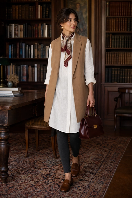A woman wears a camel sleeveless vest over a long white shirt with a patterned neck scarf, dark slim trousers, brown loafers, and a burgundy handbag.