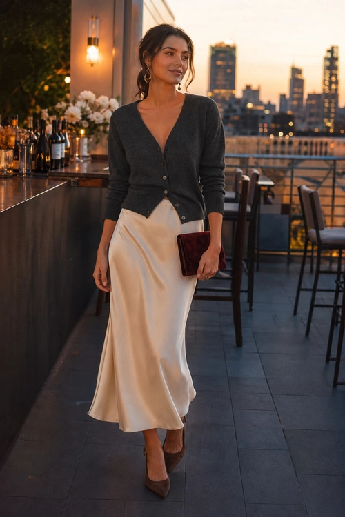 A woman wears a dark gray button-front cardigan with a cream satin midi skirt, burgundy clutch, hoop earrings, and brown pointed heels.