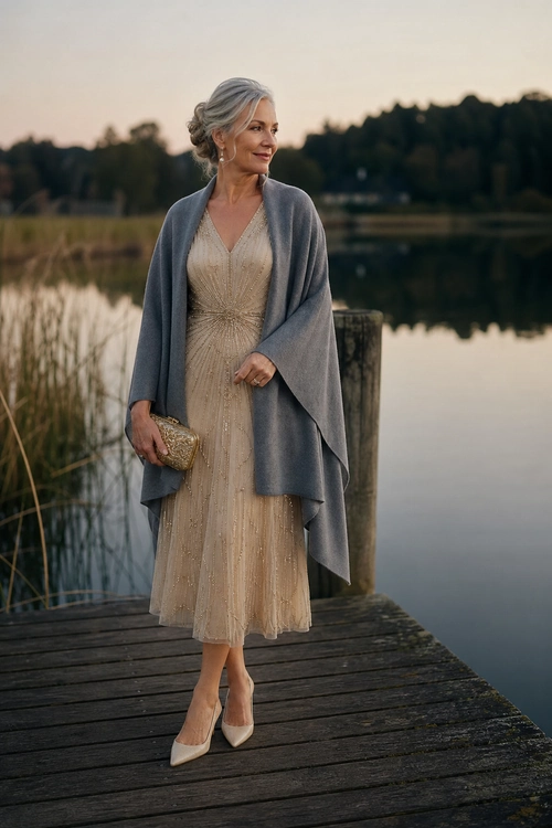 A woman wears a champagne midi dress with a gray shawl, pointed-toe heels, and a gold clutch on a wooden lakeside dock.