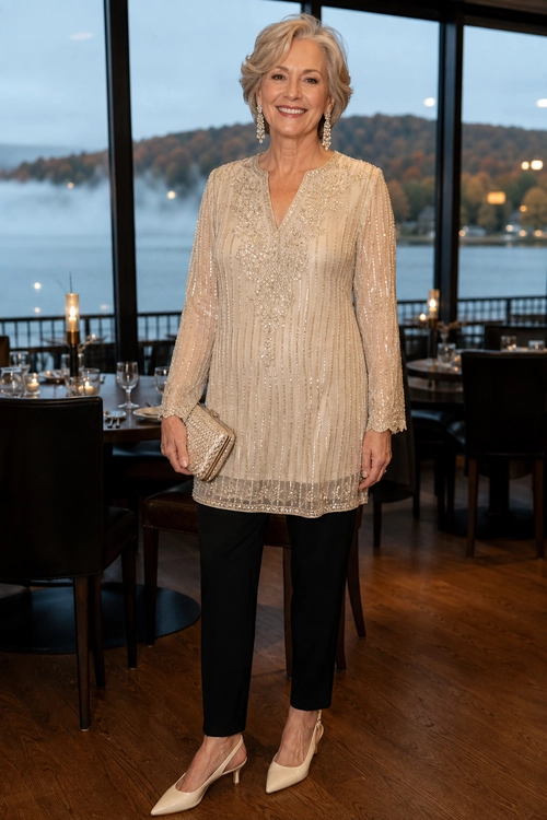 Champagne Embellished Tunic with Black Trousers Woman wearing a champagne embellished long-sleeve tunic with black trousers, pointed pumps, drop earrings, and a metallic clutch.
