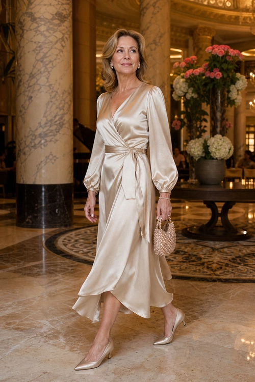 A woman wears a champagne satin wrap dress with long sleeves, pointed heels, and a beaded clutch.