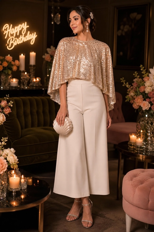 Woman wearing a champagne sequin cape top with cream wide-leg trousers, a shell-shaped clutch, and embellished strappy sandals.
