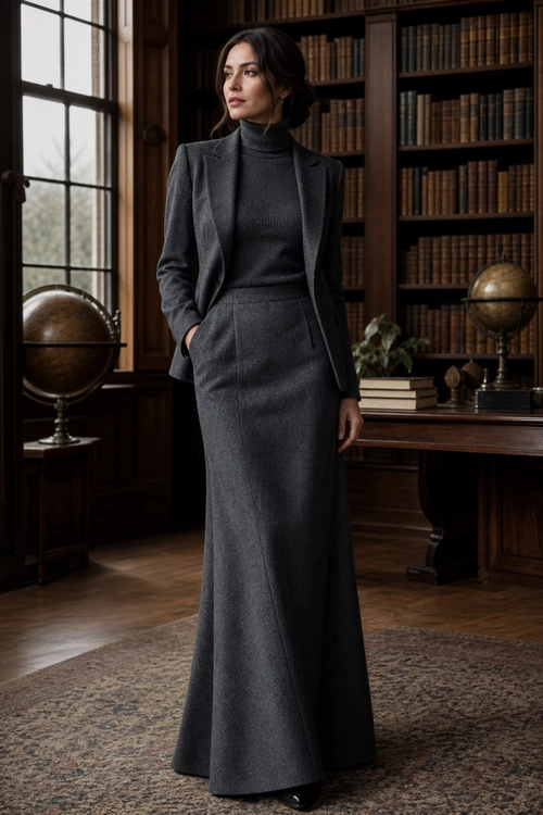 Charcoal Tailored Maxi Skirt Look A woman wears a charcoal blazer, black turtleneck, and long charcoal maxi skirt with a polished tailored silhouette.