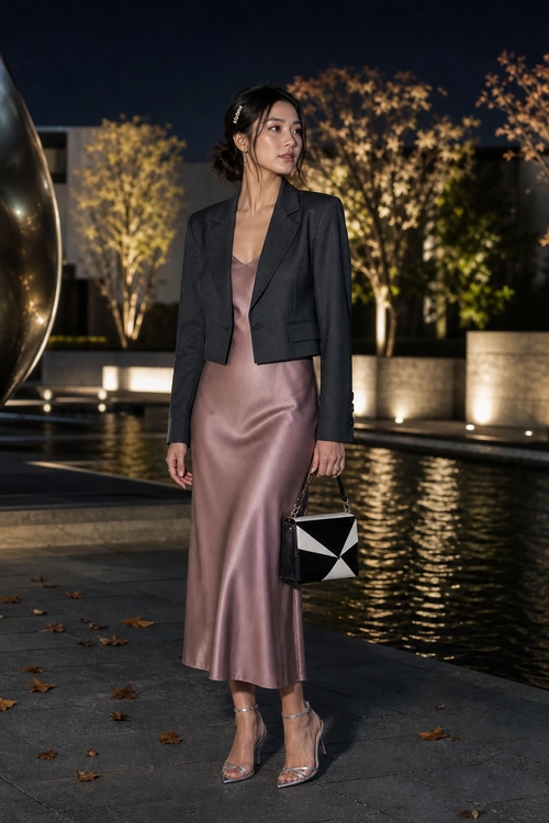 Charcoal Blazer with Satin Slip Dress A woman wears a cropped charcoal blazer over a mauve satin slip dress with silver strappy heels and a black-and-white geometric handbag.