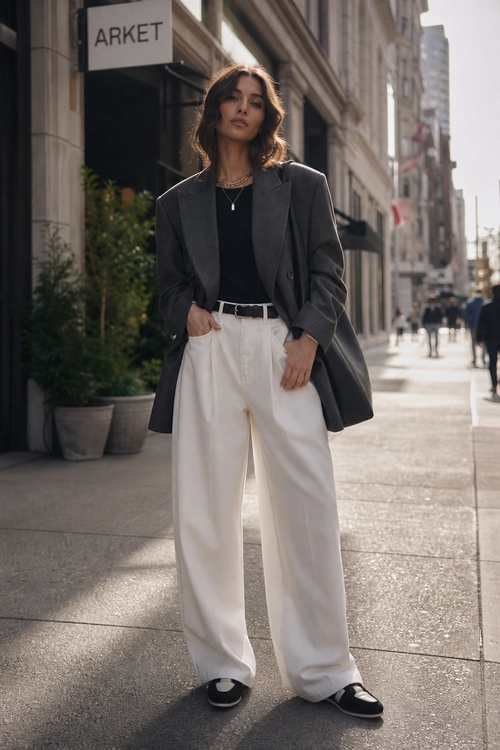 Person wearing a charcoal gray blazer over a black top with white wide-leg trousers, a black belt, necklace, and black shoes.
