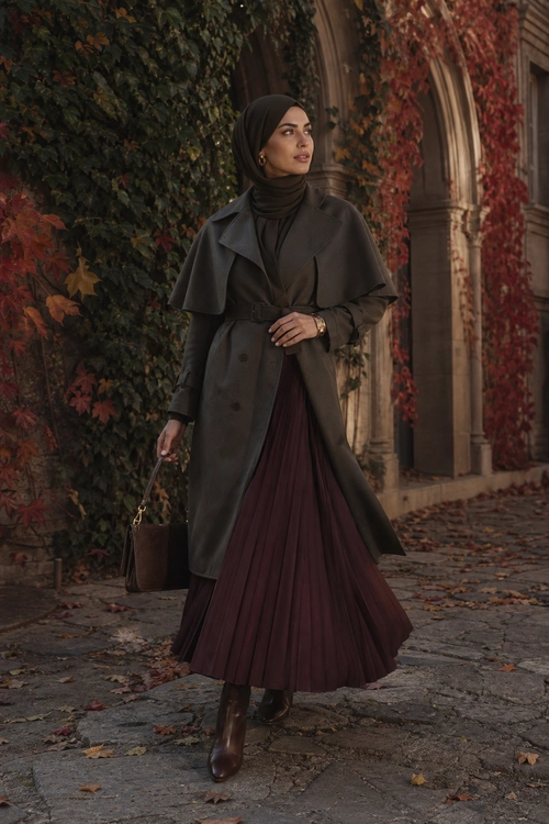 Charcoal Cape Coat and Burgundy Pleated Skirt A woman wears a charcoal belted cape coat, dark hijab, burgundy pleated skirt, brown boots, and a brown handbag.