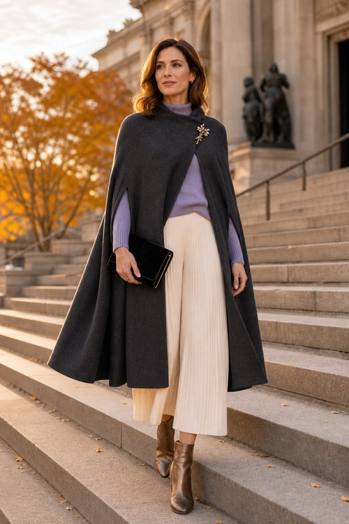 Charcoal Cape and Pleated Trousers Outfit A woman wears a charcoal cape over a lavender knit top with ivory pleated trousers, brown ankle boots, and a black clutch.