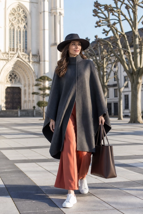 Charcoal Cape with Rust Trousers A woman wears a charcoal cape, rust wide-leg trousers, a black wide-brim hat, white sneakers, and carries a brown tote bag.