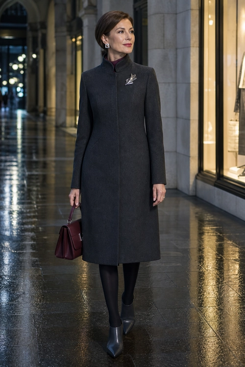 Woman wearing a long charcoal coat with black tights, ankle boots, a burgundy handbag, and a decorative brooch.