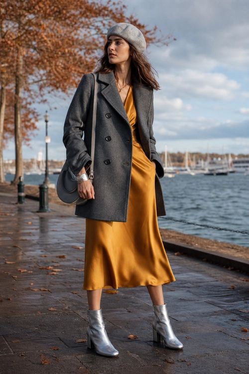 Charcoal Coat and Mustard Midi Dress A woman wears a charcoal double-breasted coat over a mustard midi dress with a gray beret, shoulder bag, and silver ankle boots by the waterfront.
