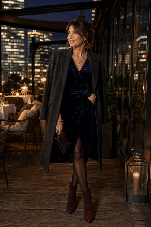 A woman wears a charcoal long coat over a dark navy wrap dress with sheer tights, burgundy ankle boots, and a matching clutch.