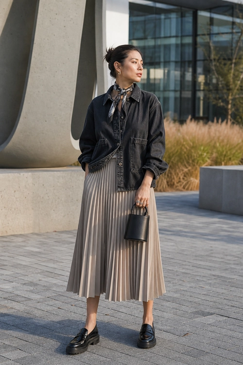 A woman wears a charcoal denim jacket with a neck scarf, taupe pleated midi skirt, black loafers, and a small black handbag.