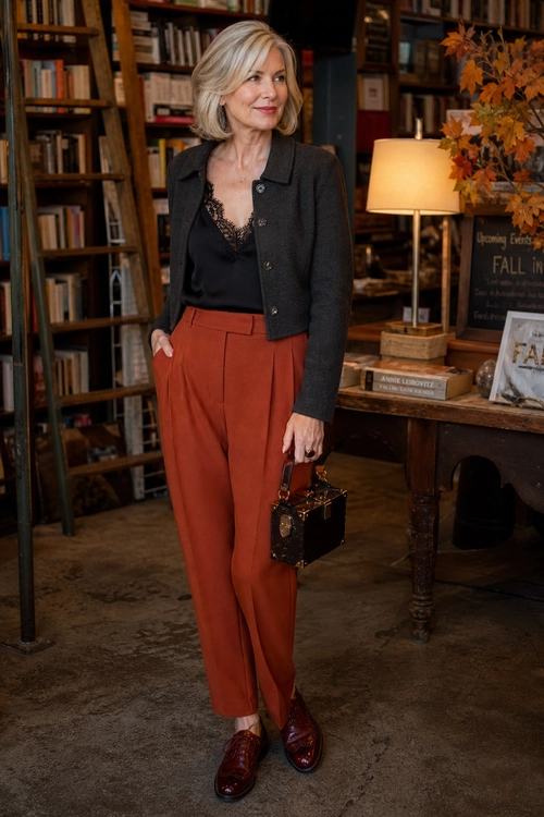 Charcoal Jacket with Rust Trousers A tailored outfit featuring a charcoal cropped jacket, black lace-trim camisole, rust pleated trousers, burgundy loafers, and a structured black handbag.