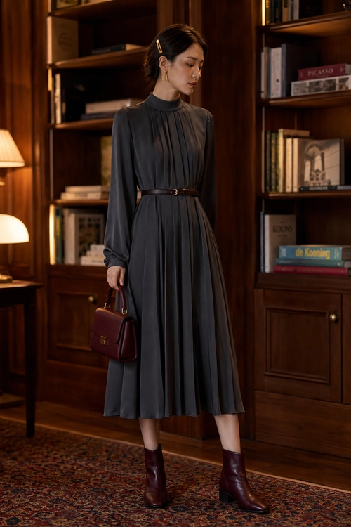 Charcoal Pleated Dress with Burgundy Accessories A charcoal gray high-neck pleated midi dress styled with a slim brown belt, burgundy handbag, and burgundy ankle boots.