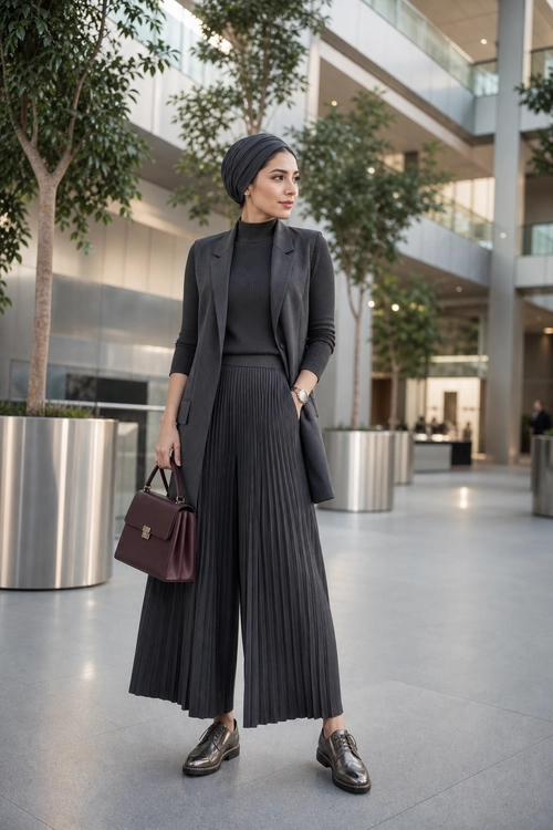Charcoal Pleated Trousers with Tailored Vest A monochrome charcoal outfit featuring a black turtleneck, long tailored vest, pleated wide-leg trousers, dark lace-up shoes, and a burgundy handbag.
