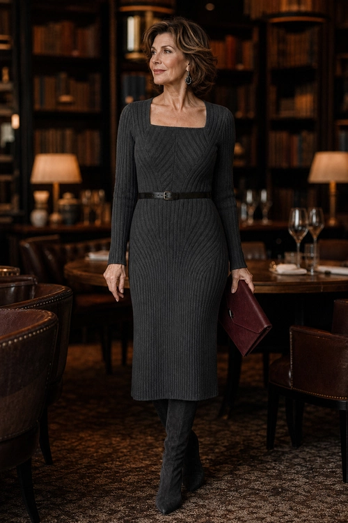 A woman wears a charcoal ribbed knit dress with a slim belt, dark tights, dark boots, and a burgundy clutch.