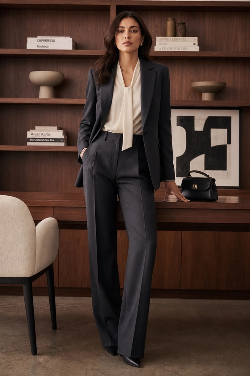 Charcoal Tailored Suit with Ivory Blouse A woman wears a charcoal blazer and wide-leg trousers with an ivory tie-neck blouse and black pointed-toe shoes.