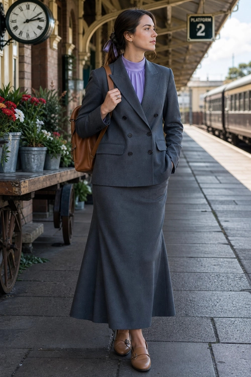 Charcoal Suit with Lavender Blouse A woman wears a charcoal gray double-breasted blazer and matching long skirt with a lavender high-neck blouse and brown leather accessories.