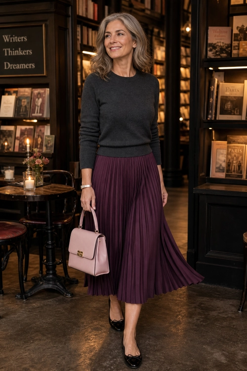 Charcoal Sweater and Plum Pleated Skirt A woman wears a charcoal knit sweater with a plum pleated midi skirt, black flats, and a blush pink handbag.