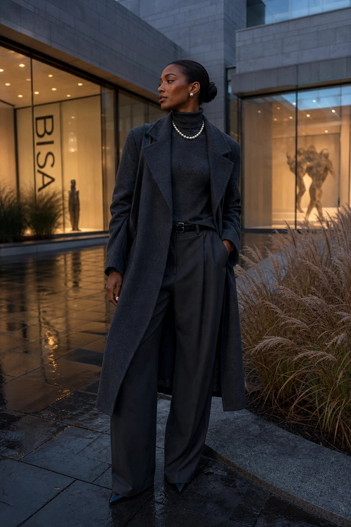 A woman wears a long charcoal coat over a dark turtleneck and wide-leg trousers with a pearl necklace.