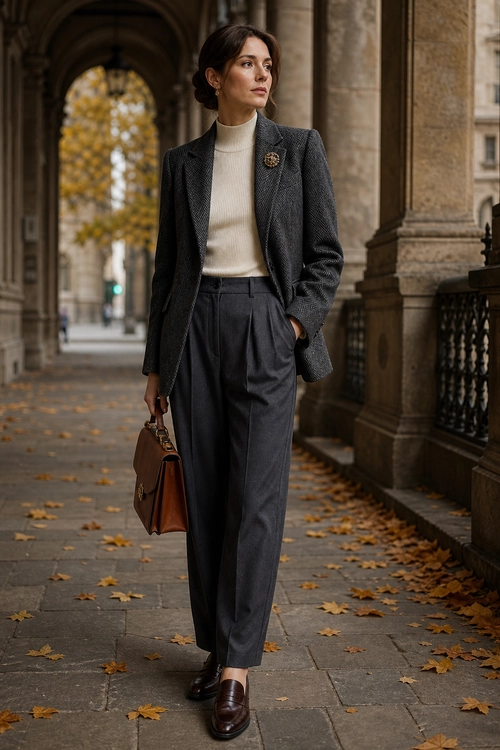 Charcoal Tailored Outfit with Cream Turtleneck A woman wears a charcoal blazer and wide-leg trousers with a cream turtleneck, brown loafers, and a brown leather handbag.