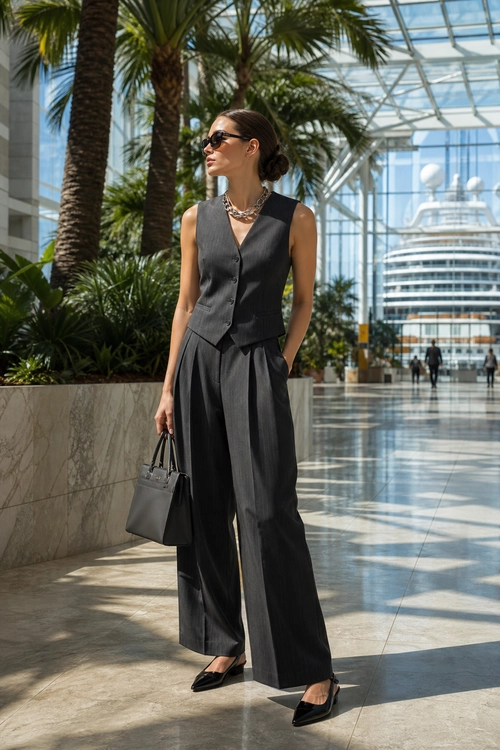 Charcoal Tailored Vest and Wide-Leg Trousers A woman wears a charcoal sleeveless tailored vest with wide-leg trousers, black pointed shoes, sunglasses, a chain necklace, and a structured handbag.