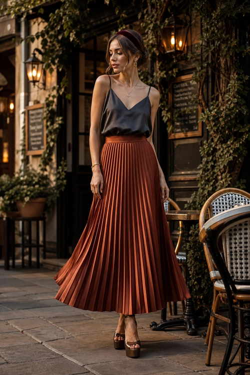 Woman wearing a dark charcoal satin camisole with a rust-colored pleated ankle-length skirt and brown platform sandals.