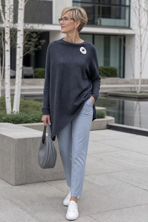 Charcoal Tunic and Light Blue Trousers A woman wears a charcoal asymmetrical tunic sweater with light blue trousers, white sneakers, a gray handbag, eyeglasses, and a round brooch.