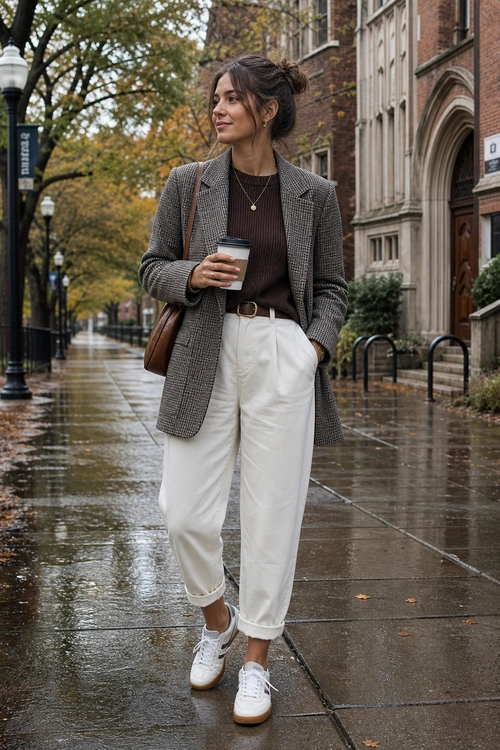 A woman wears a checked blazer over a brown ribbed top with cream trousers and white sneakers on a city sidewalk.