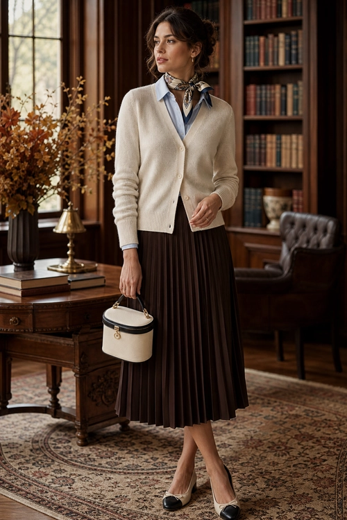 Classic Layered Pleated Skirt Outfit A woman wears a cream cardigan over a light blue collared shirt with a patterned neck scarf, dark brown pleated skirt, two-tone handbag, and matching pumps.