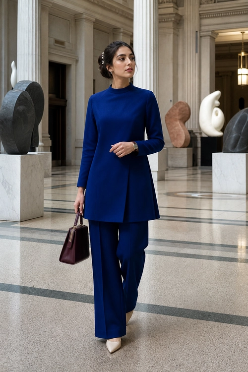 Elegant Cobalt Blue Tunic and Trousers A woman wears a cobalt blue long-sleeve tunic with matching wide-leg trousers, pointed cream shoes, and a burgundy handbag.