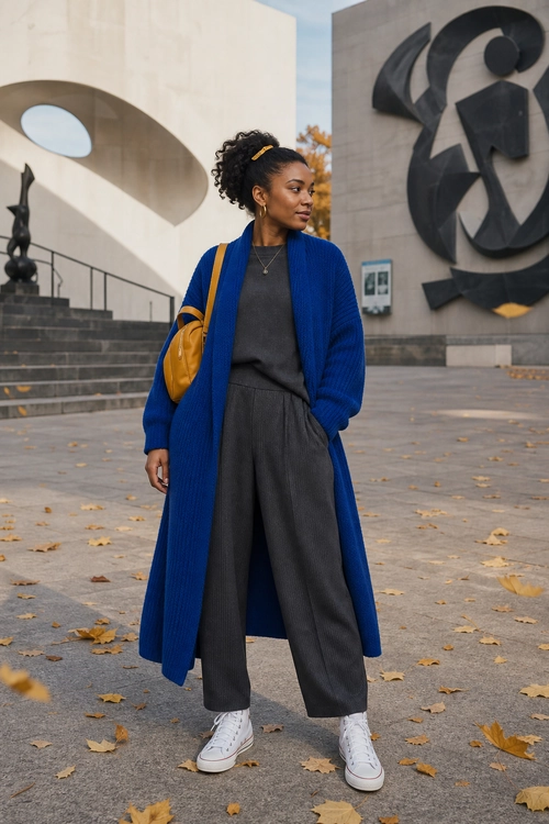 Cobalt Cardigan and Wide-Leg Trousers A cobalt blue long cardigan is styled with a charcoal gray top, wide-leg trousers, white sneakers, and a mustard yellow shoulder bag.