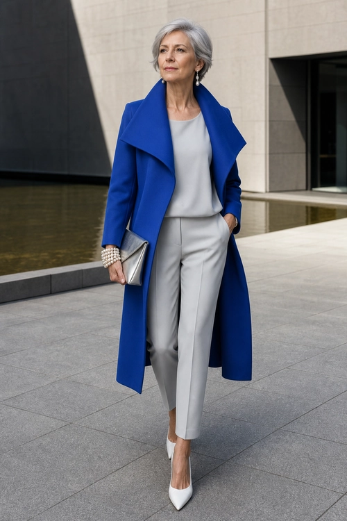Cobalt Coat and Gray Trousers A polished outfit featuring a vivid blue long coat over a light gray top and tailored trousers, styled with white pointed heels and a silver clutch.