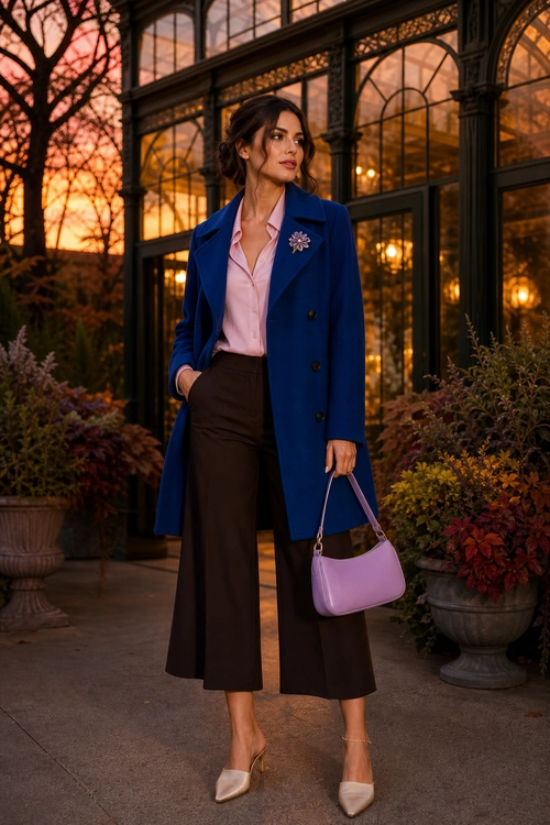 Cobalt Coat and Pink Blouse Outfit A polished outfit featuring a cobalt blue coat over a pink blouse, cropped dark brown trousers, pointed nude heels, and a lavender shoulder bag.