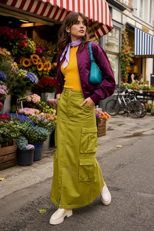 A colorful street-style outfit featuring a chartreuse cargo maxi skirt, mustard top, purple jacket, lavender scarf, teal shoulder bag, and white platform sneakers.