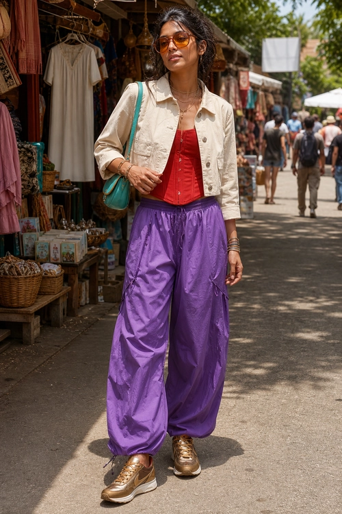 A woman wears a beige cropped jacket over a red top with purple wide-leg pants, bronze sneakers, sunglasses, and a teal shoulder bag.