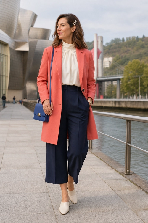 Woman wearing a coral blazer over a cream high-neck blouse with cropped navy wide-leg trousers, white shoes, and a blue crossbody bag.