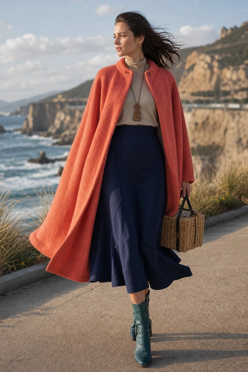 Coral Coat and Navy Skirt Outfit A woman wears a long coral coat over a beige high-neck top and navy midi skirt with teal ankle boots and a woven handbag.