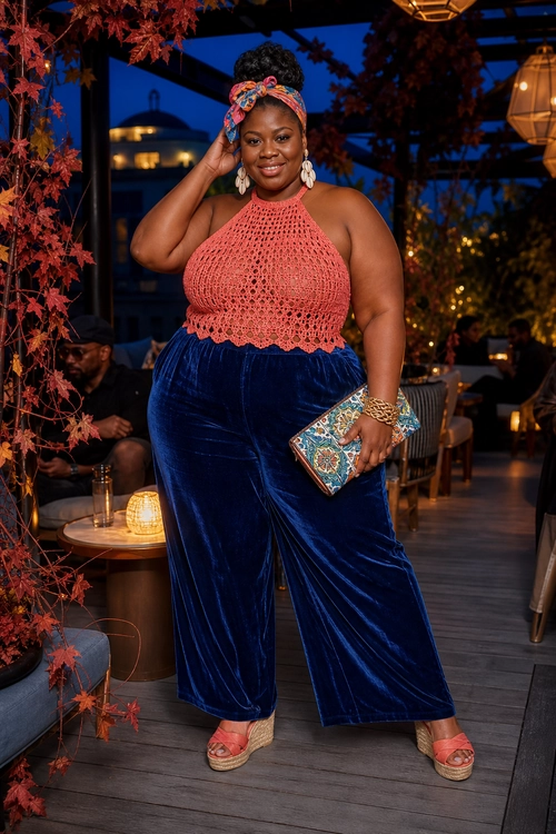 A woman wears a coral crochet halter top with navy velvet wide-leg pants, patterned headband, clutch, bracelets, earrings, and coral sandals.